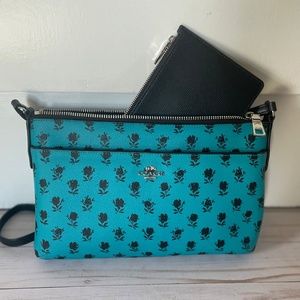 Coach cross body bag turquoise w/ black flower print, Teal purse